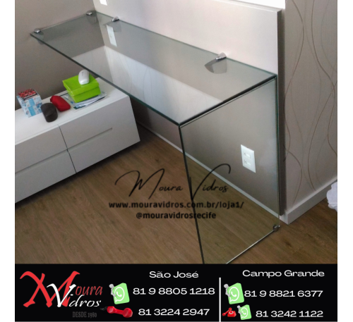 MESA DE VIDRO COM BASE DE VIDRO E COLAGEM UV INSTALADO COM SUPORTE DE TUCANO